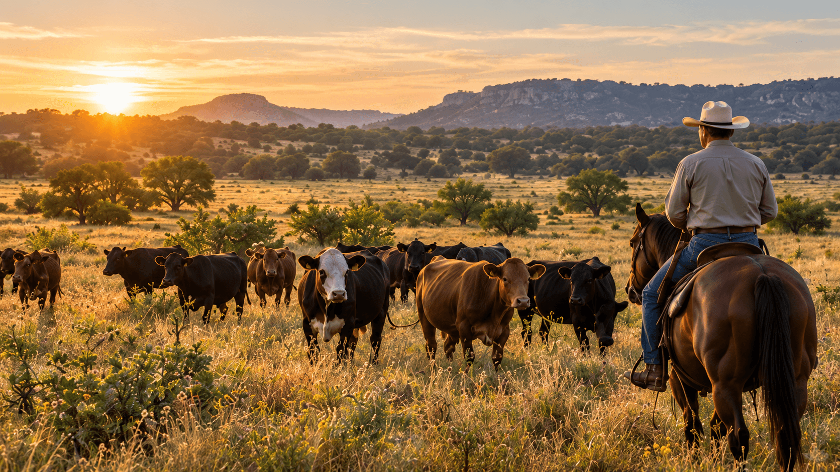 Illustration of cattle and a rider in a Texas Hill Country pasture